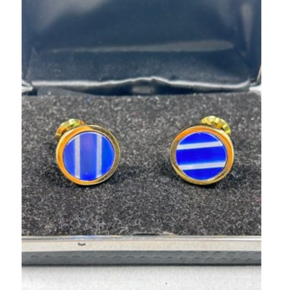 Nordstrom Striped Enamel Round‎ Cufflinks Blue Gold Tone Formal Preloved
